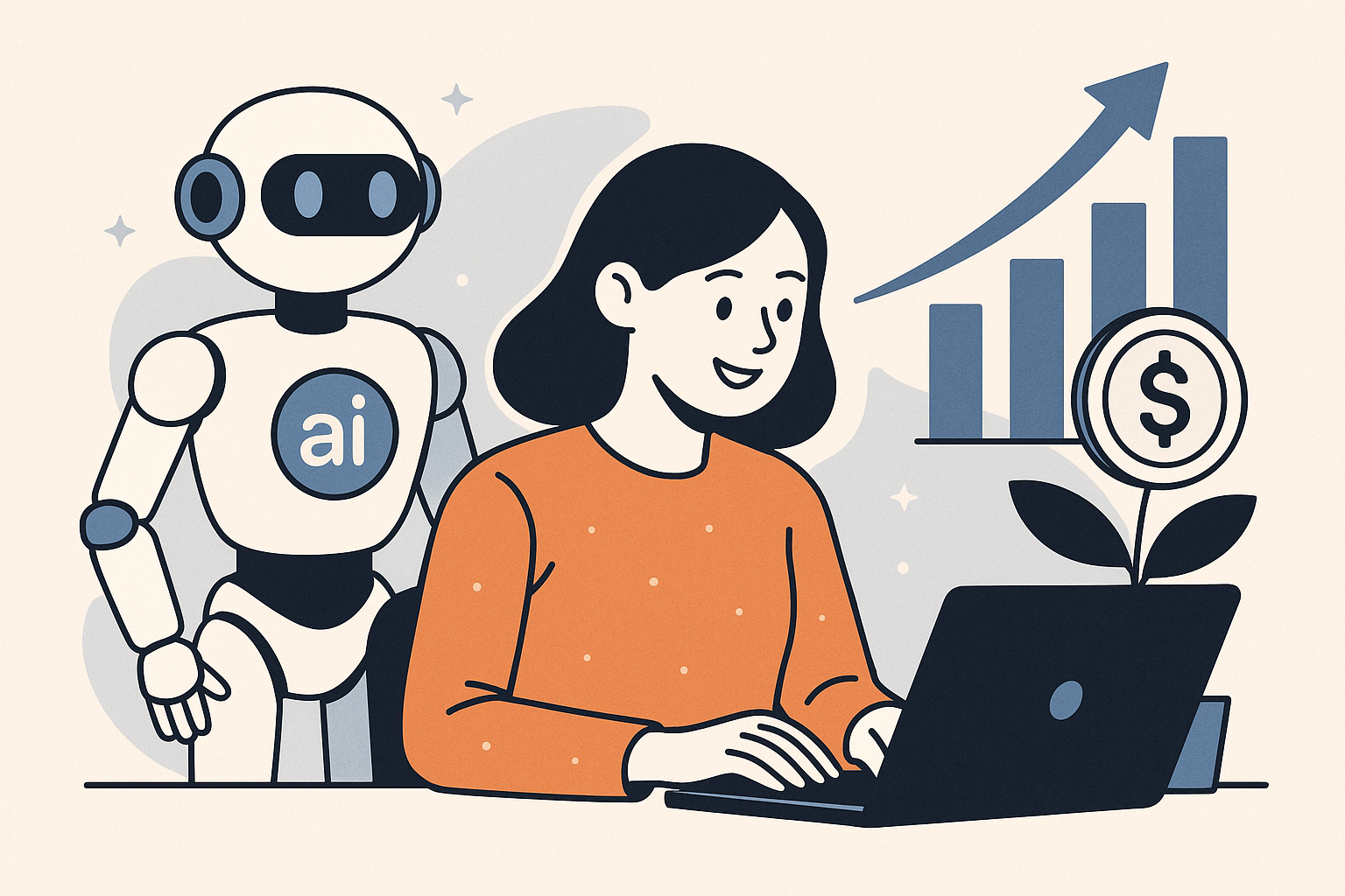 how small online businesses can use AI to save time and earn more editorial illustration